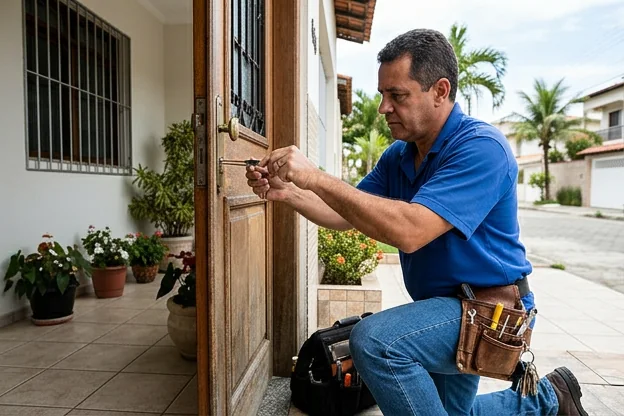 Chaveiro abrindo a porta de uma casa em Cabo Frio com ferramentas específicas.