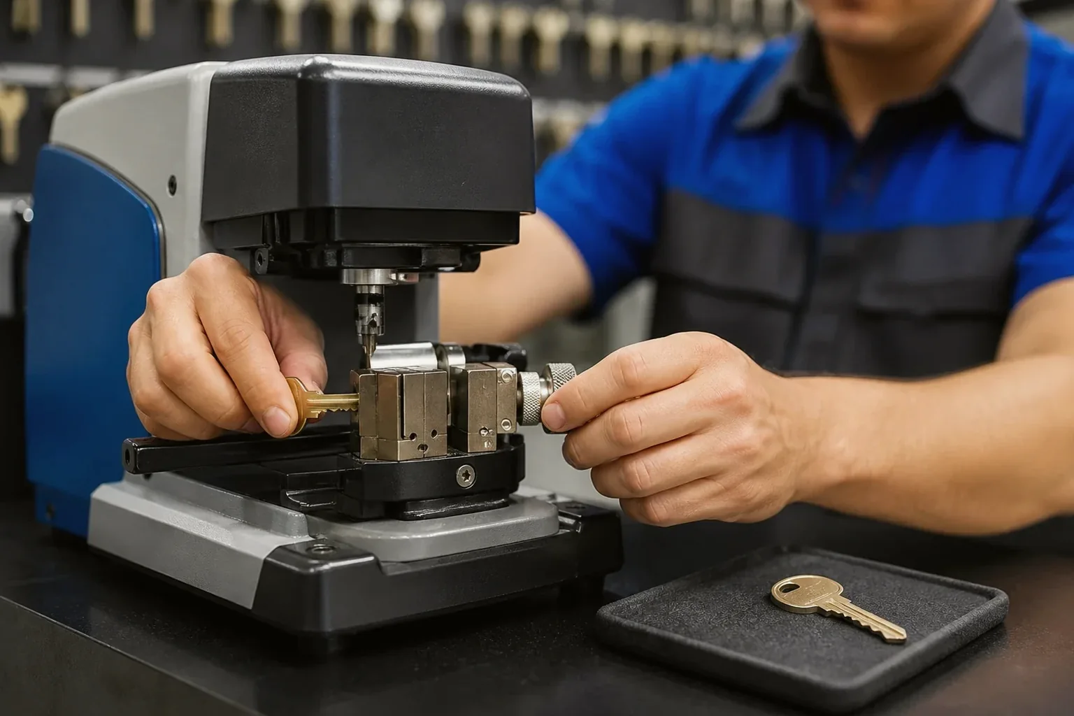 Chaveiro fabricando cópias de chave em Cabo Frio, usando máquina especializada.