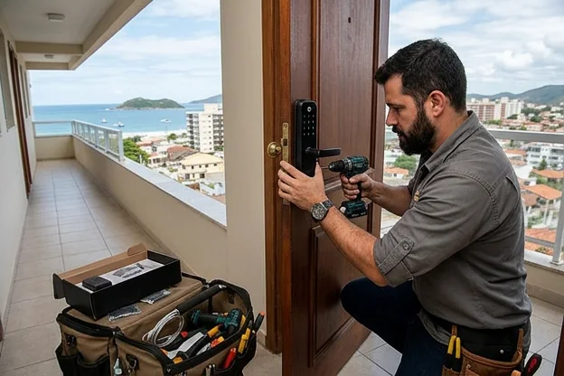 Chaveiro montando uma fechadura digital em uma porta em Cabo Frio, destacando inovação.